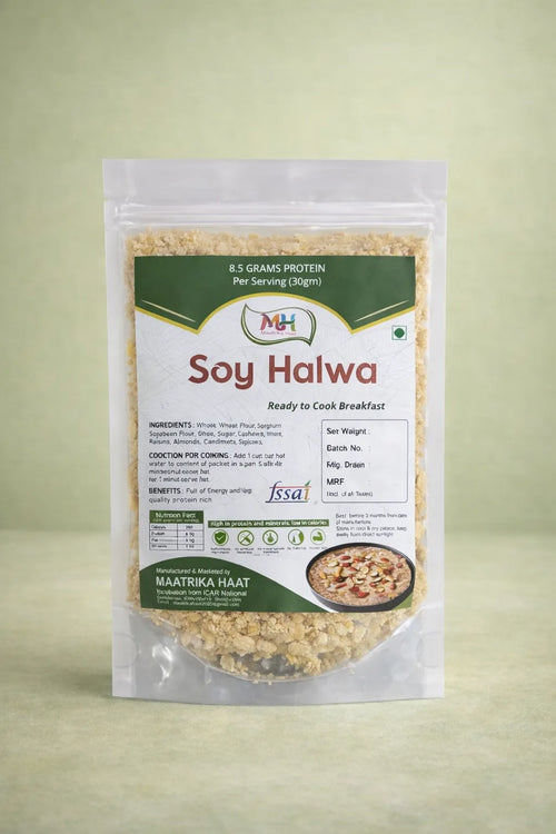 Packaged Soy Halwa with M&H branding on a light green background