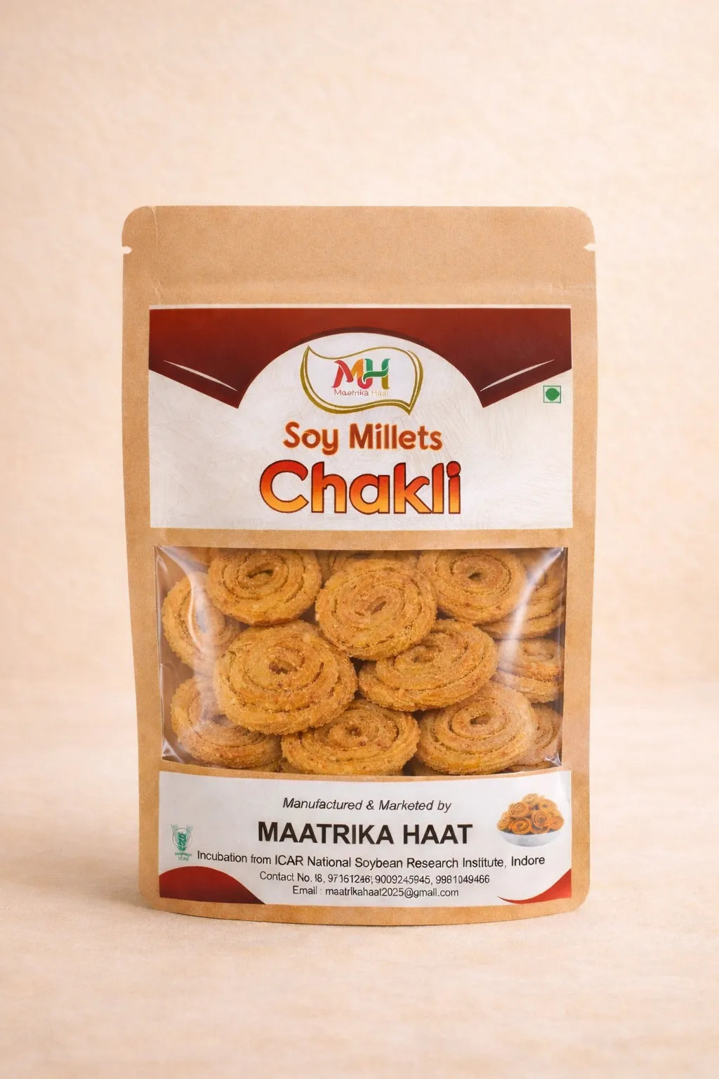 Packaged Soy Millets Chakli with brand logo on a beige background