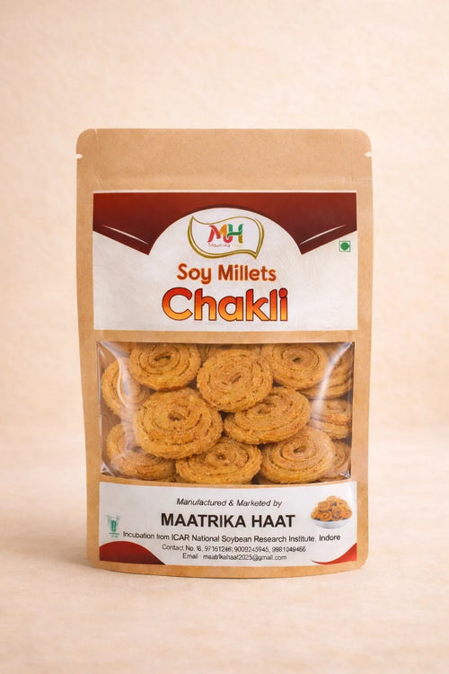 Packaged Soy Millets Chakli with brand logo on a beige background