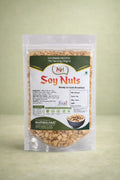 Package of soy nuts with a green label on a light green background