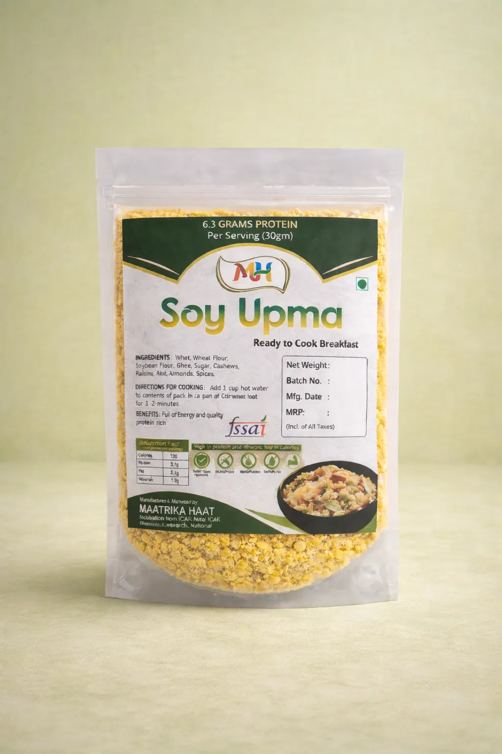 Package of Soy Upma with brand logo on a light yellow background